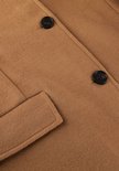 Gedetailleerde close-up van een beige jas met twee zwarte knopen en een opgestikte zak.