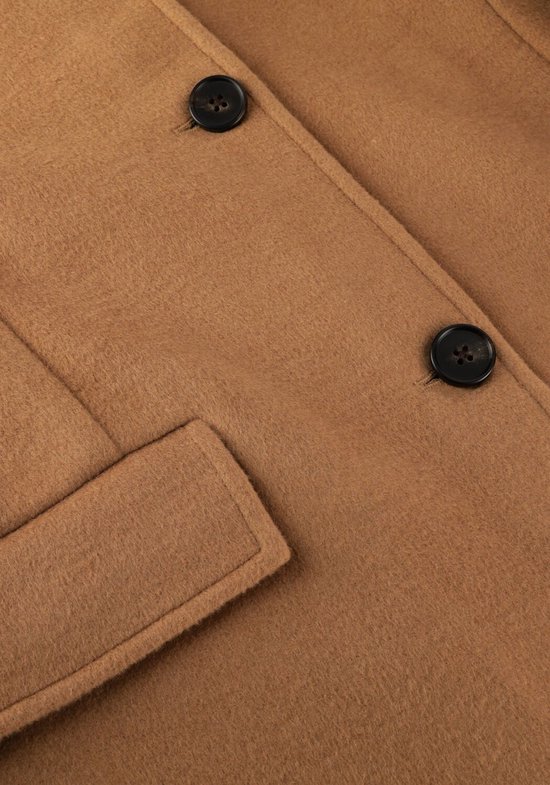 Gedetailleerde close-up van een beige jas met twee zwarte knopen en een opgestikte zak.