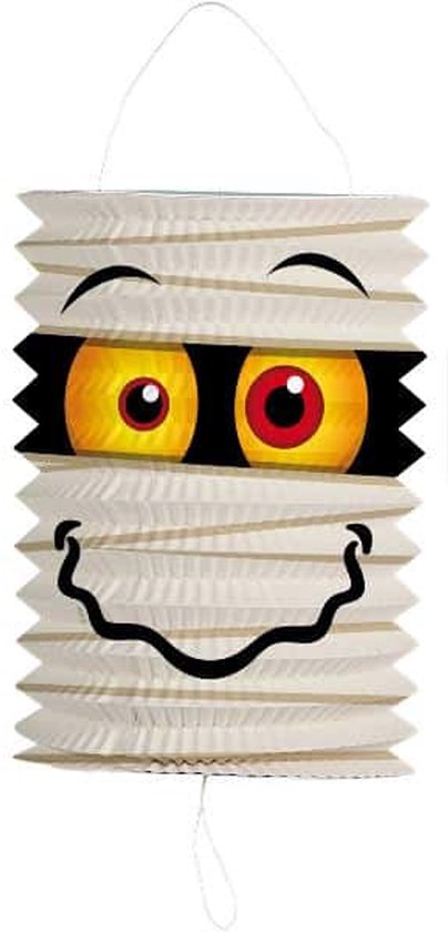 Papieren lampion met mummie-gezicht: grote gele ogen met rode pupillen, een lachende mond en een witte, geribbelde body.