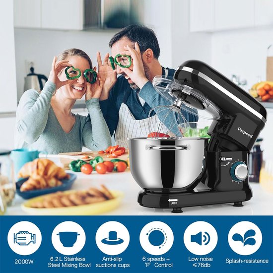 Mixer Met Mengkom - Mixer - Mixer Met Mengkom Keukenmachine - Mixer Met Kom - Mixer Keukenmachine - Mixers Met Mengkom - Keukenmachine - Keukenmachines - Inclusief Garde/Deeghaak/Menghaak - 6 Snelheden - 1500W - 220V - Vaatwasserbestendig van Merkloos — afbeelding 4