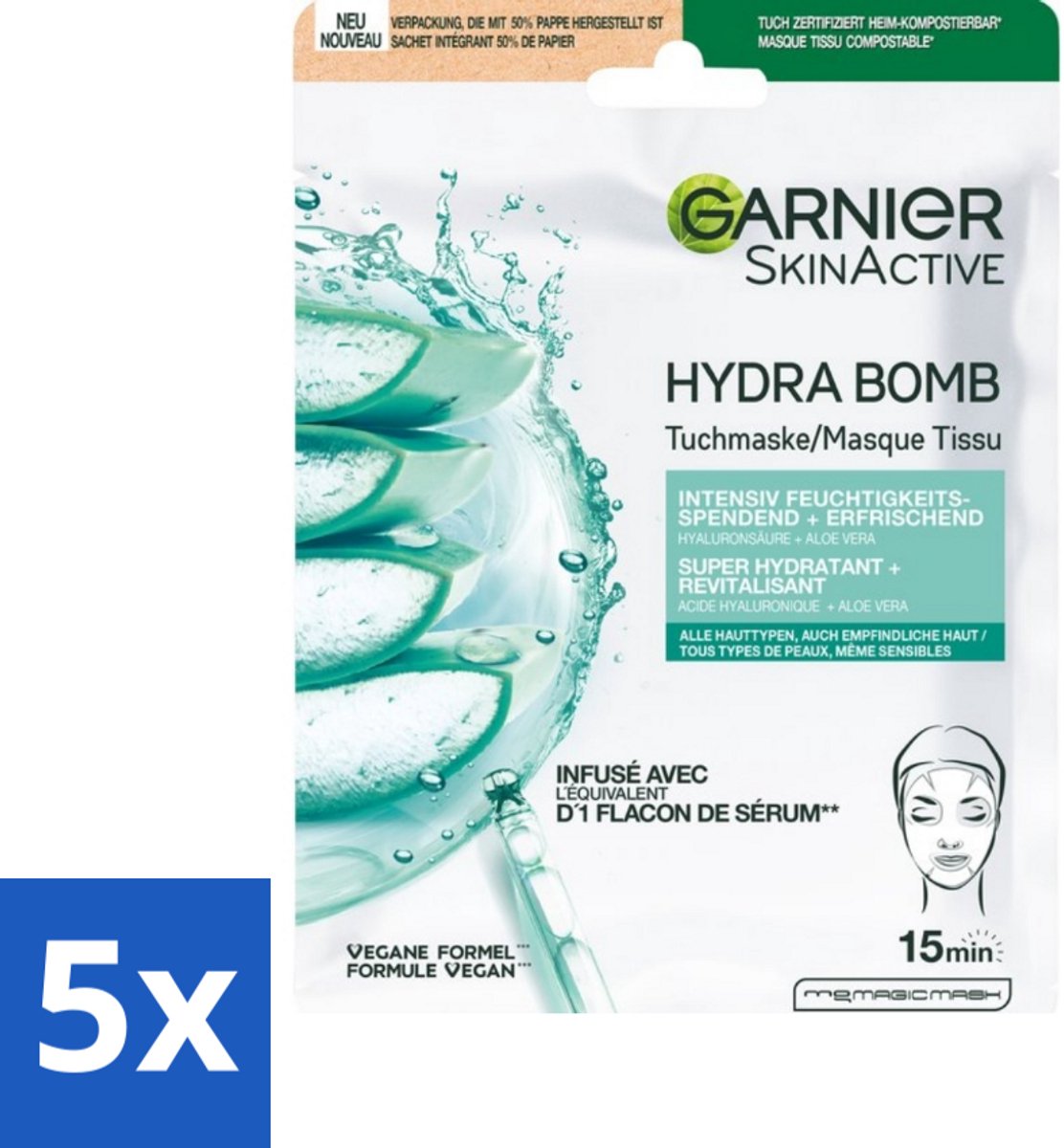 5 x Garnier - SkinActive - Hydrabomb Tissue Masker - Hyaluronzuur & Aloe Vera - Super Hydraterend - 1 Gezichtsmasker - Hyaluronzuur Masker - Aloe Vera Masker - Gezichtsmasker - Hydratierende Masker - Super Hydraterend Masker