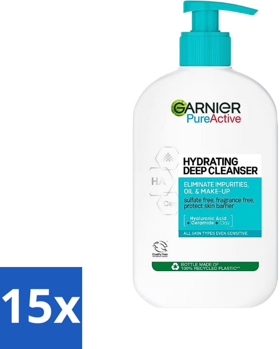 15 x Garnier - Pure Active - Gezichtsreiniger - Hydraterend - 250 ml - Gezichtsreiniger - Hydraterend - Zuivere Huid - Huidbarrière - Hyaluronzuur