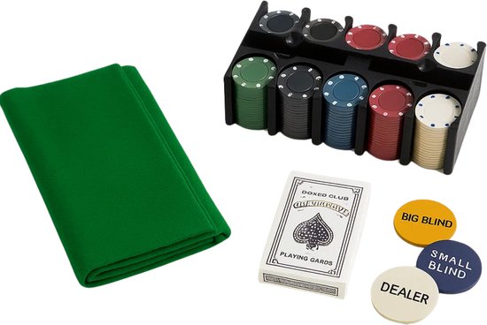 Lomera Pokerset 200 Chips - Pokerchips Set - Texas Hold'em Poker - Speelkaarten Set - Pokermat Opvouwbaar - Dealer Chip - Big Blind Small Blind - Compacte Pokerset - Poker Accessoires - Blackjack Spelen - Opbergrek voor Chips