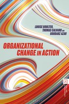 Livre 'Organizational Change in Action' avec des lignes abstraites colorées en rouge, orange et jaune sur fond gris clair.