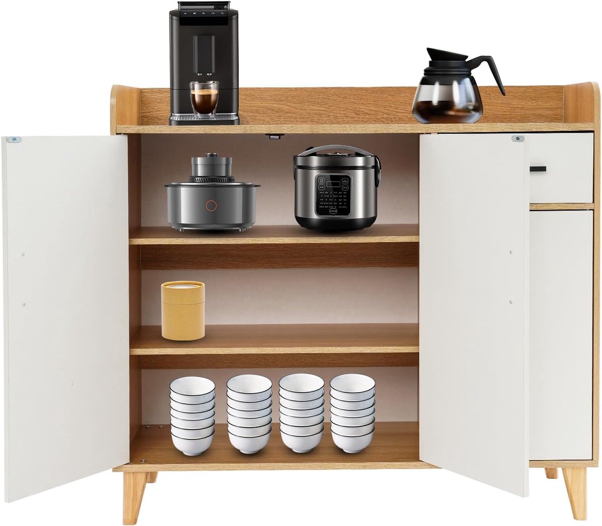 Moderne Opbergkast voor Keuken, Eetkamer en Woonkamer - Hoogwaardige Keukenbuffetkast met 3 Deuren en Laden - Capaciteit tot 60 kg - 100 x 34 x 92 cm (Wit)
