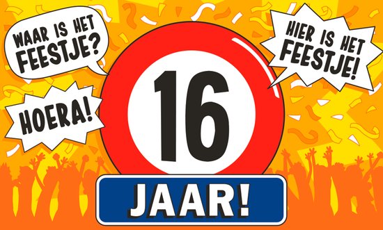Foto: Q2p 16 jaar gevelvlag 150 90 cm xxl verjaardag versiering sweet 16 vlaggenlijn binnen buiten vlag