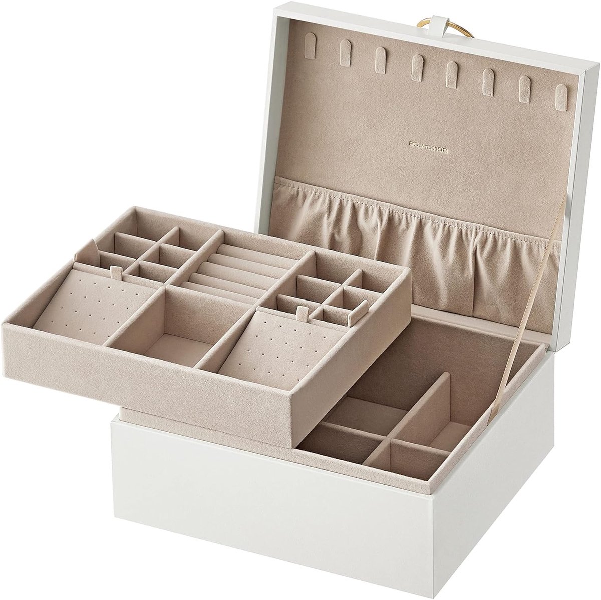 Hoppa! - Sieradendoos - 2-laags Sieradendoosje - Afneembaar sieradenrek - Zwevend effect - Beige - 20,5 x 24 x 11 cm (B x D x H)