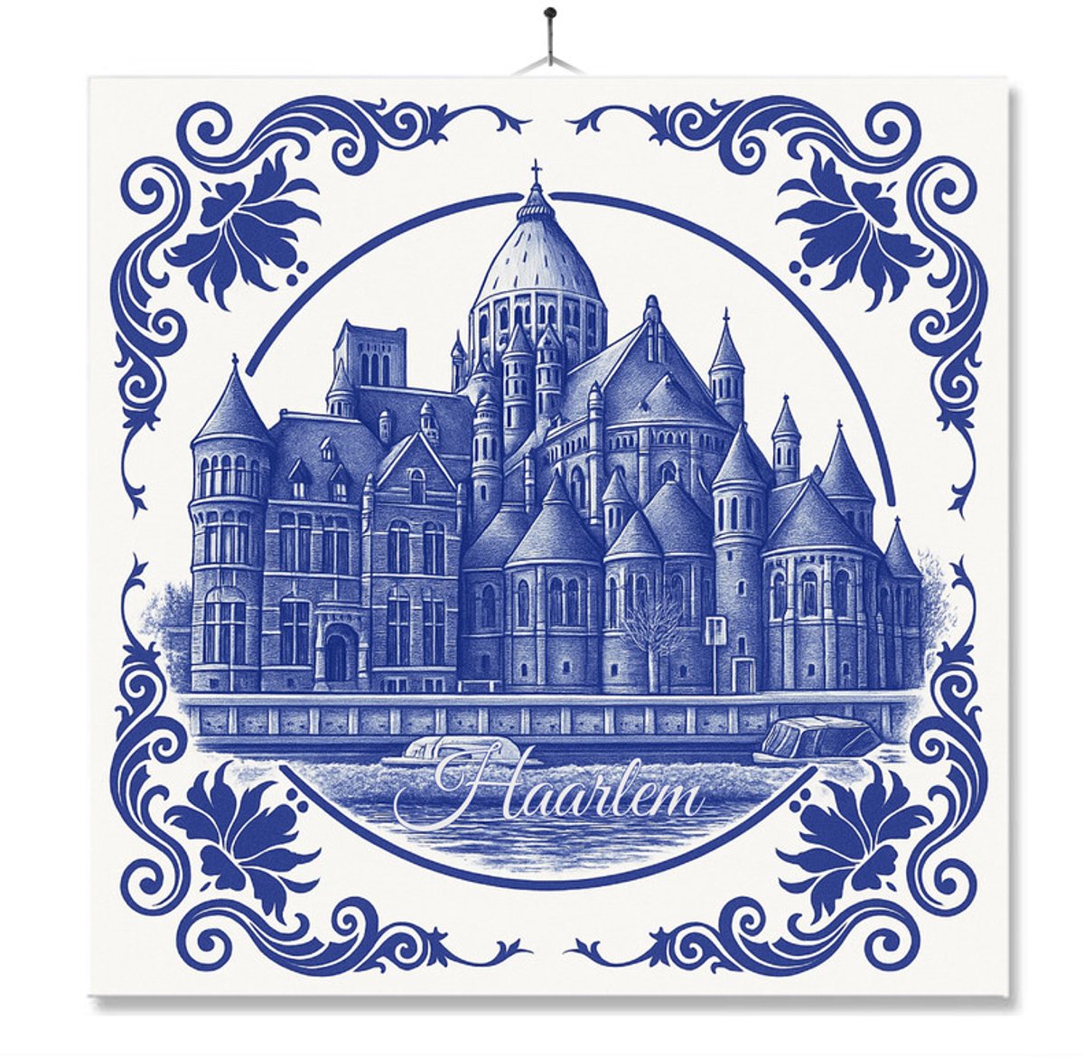 Tegel Met Opdruk | Haarlem | Delft Blauw | Cadeau | Inclusief Geschenkdoos | Standaard | Ophangsysteem