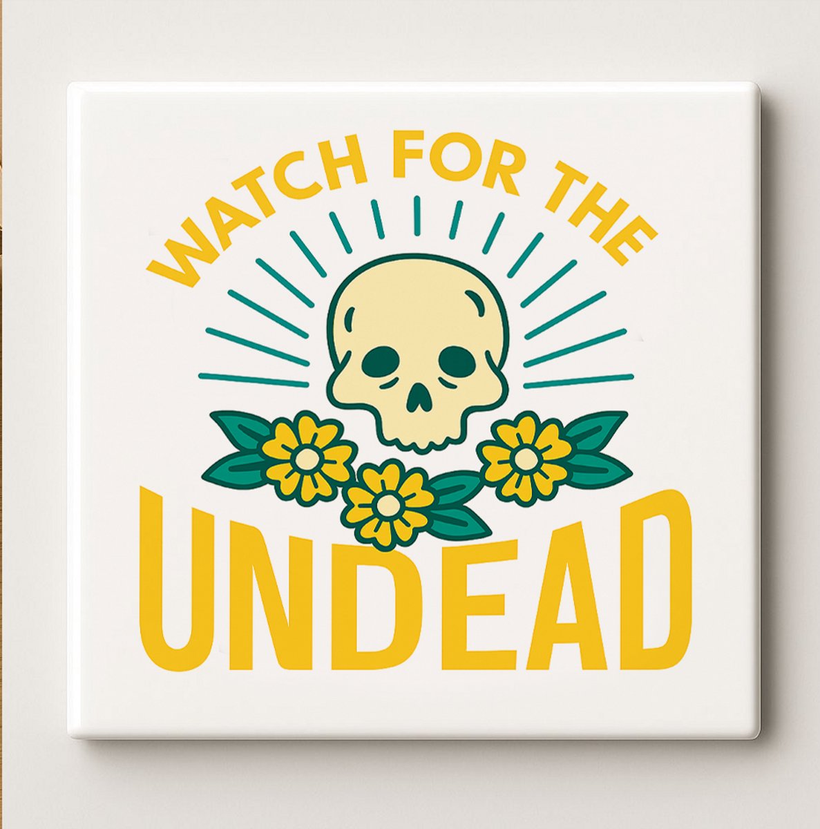 Keramische Kunsttegel 15x15cm – “Watch for the Undead” Schedel & Bloemen Ontwerp – Gotisch