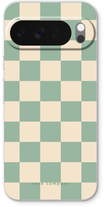 Doorzichtig telefoonhoesje met beige en mintgroene ruitjespatroon. Merk: Case Company.