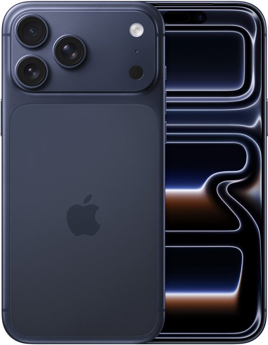 Blauwe iPhone, achterkant met drievoudige camera en Apple logo, naast een iPhone met glanzend scherm.