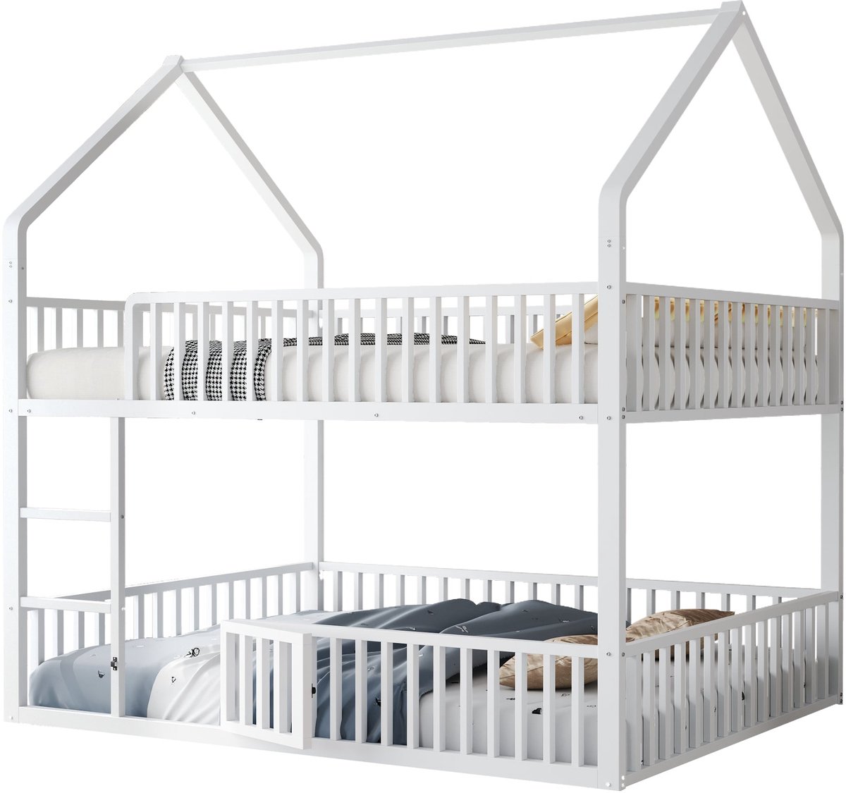 Merax Kinder Etagenbed 140×200 cm – Metalen Stapelbed met Trap – Familiebed met Veiligheidshekken – Hoogslaper met Speelruimte – Wit – Zonder Matras