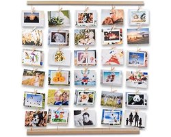 Fotolijst Collage Set - Houten Fotowand met Waslijn Look - 30 Klemmen voor Foto's, Kaarten en Kunstwerken - Inclusief Montagemateriaal - Wanddecoratie voor Woonkamer, Slaapkamer of Kantoor