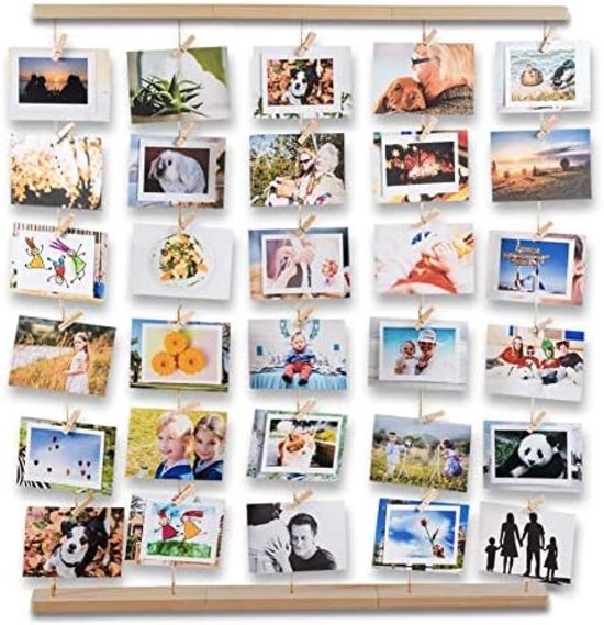Set photo mural en bois Look corde à linge - 30 Pinces pour photos, cartes et illustrations - Matériel de montage inclus - Décoration murale pour salon, chambre ou bureau