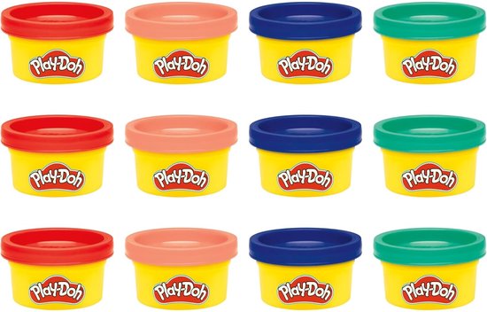 Twaalf gele potjes Play-Doh met rode, lichtroze, blauwe en groene deksels.