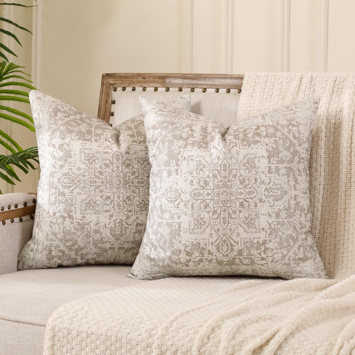 Azomor® Set van twee Boheemse kussenhoezen met etnisch patroon in beige crème tinten