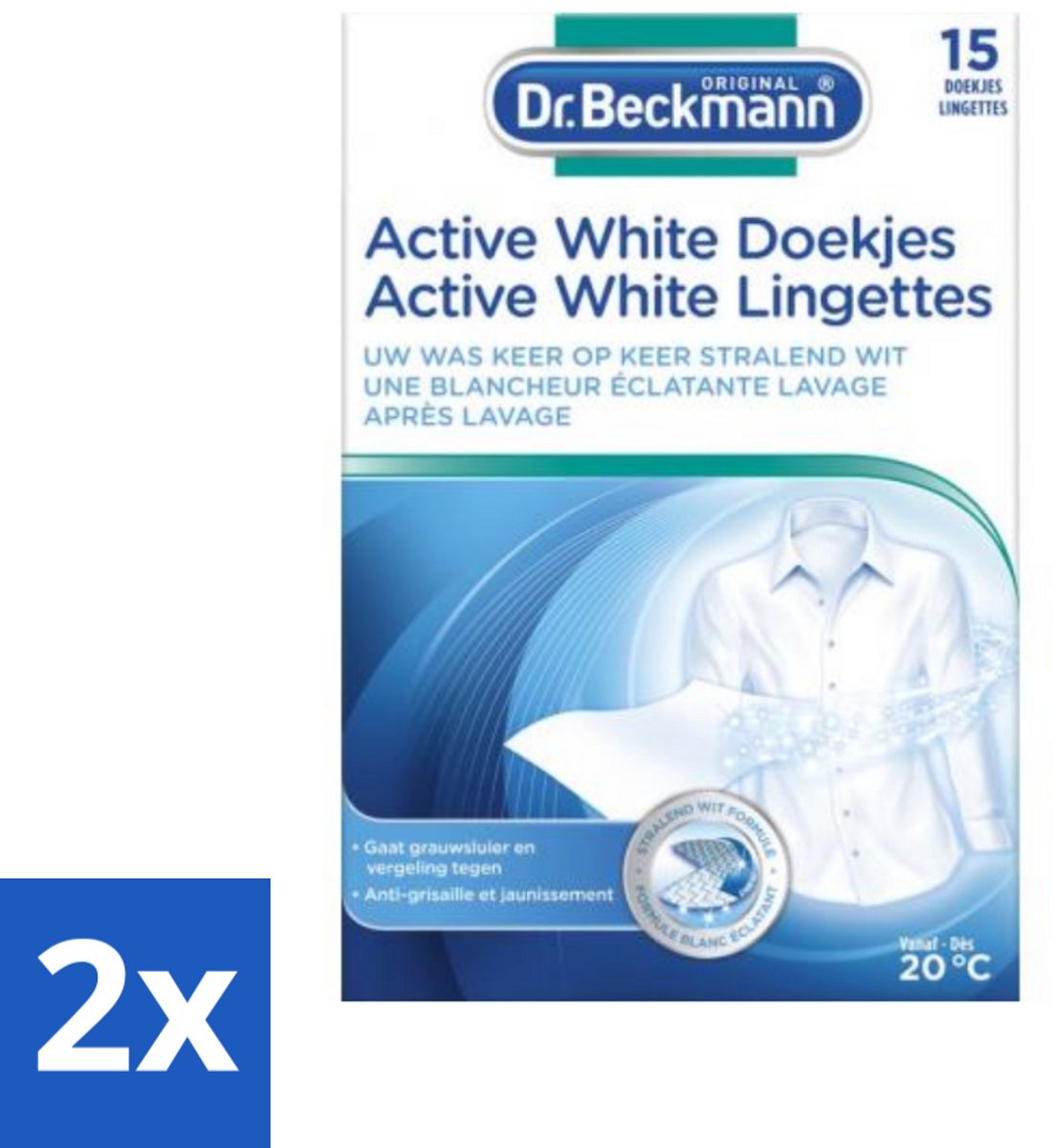 2 x Dr. Beckmann - Kleurverzorging - Active White - Witte Was - 15 Doekjes - Witte Was - Wasverzorging - Grauwsluier - Vergeling - Witmaakdoekjes
