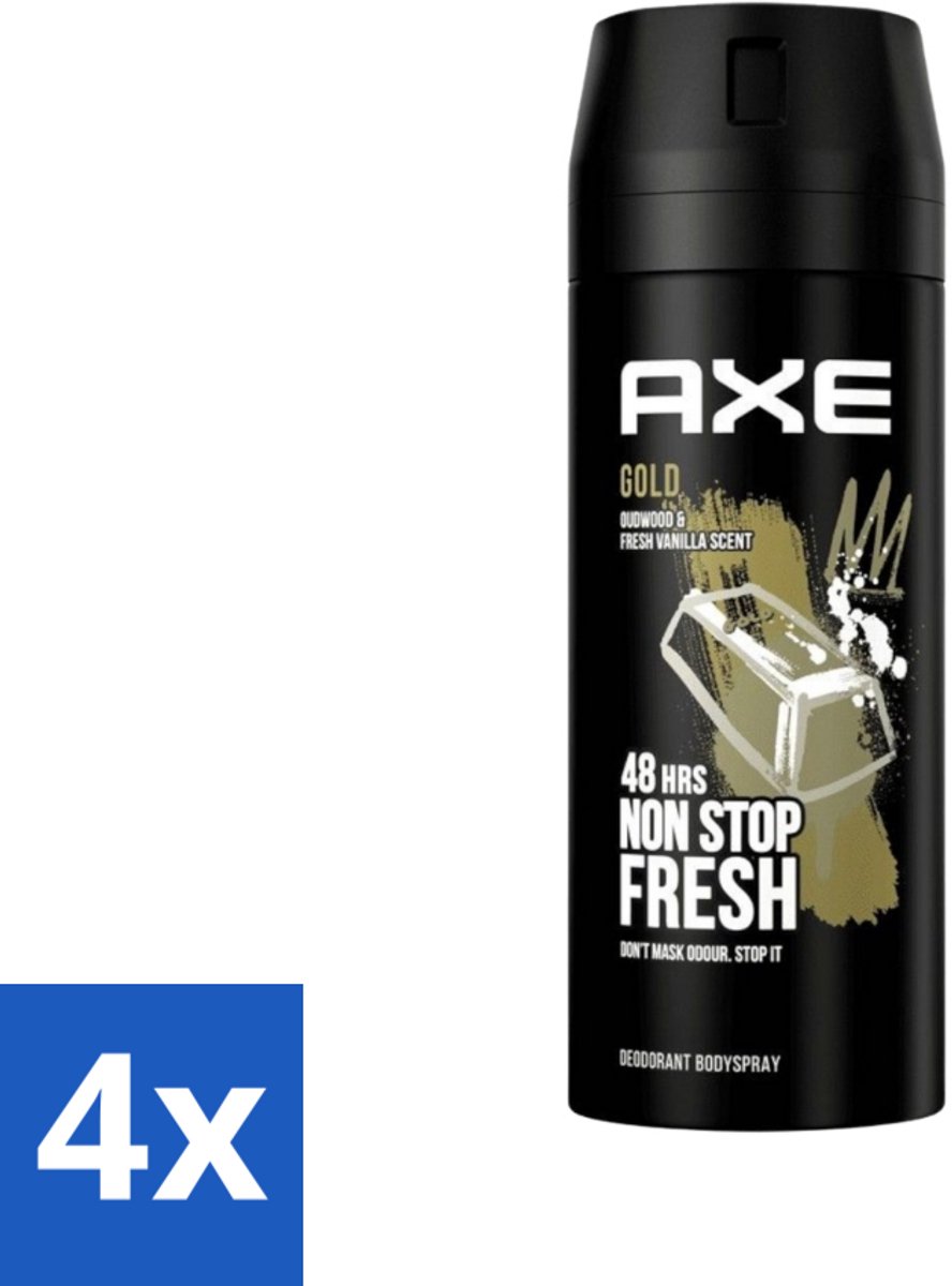 4 x Axe - Deodorant Bodyspray - 48hrs Fresh - Gold - Oud Wood & Fresh Vanilla - 150 ml - Deodorant - Axe - Deodorant Spray - 48 Uur Bescherming - Oud Hout