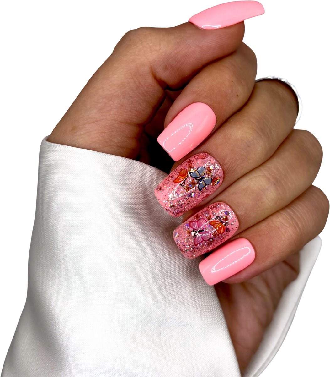 SD Press on Nails - B-20 - Plaknagels - Nagelset 20 Nagels - Roze met glitter en vlinders - Gellak - Nagellak - Medium Square Nageltips - Nepnagels met Lijm - Kunstnagels - Nail Art - Handmade - Valse nagels - Nagelvijl - Accessoires