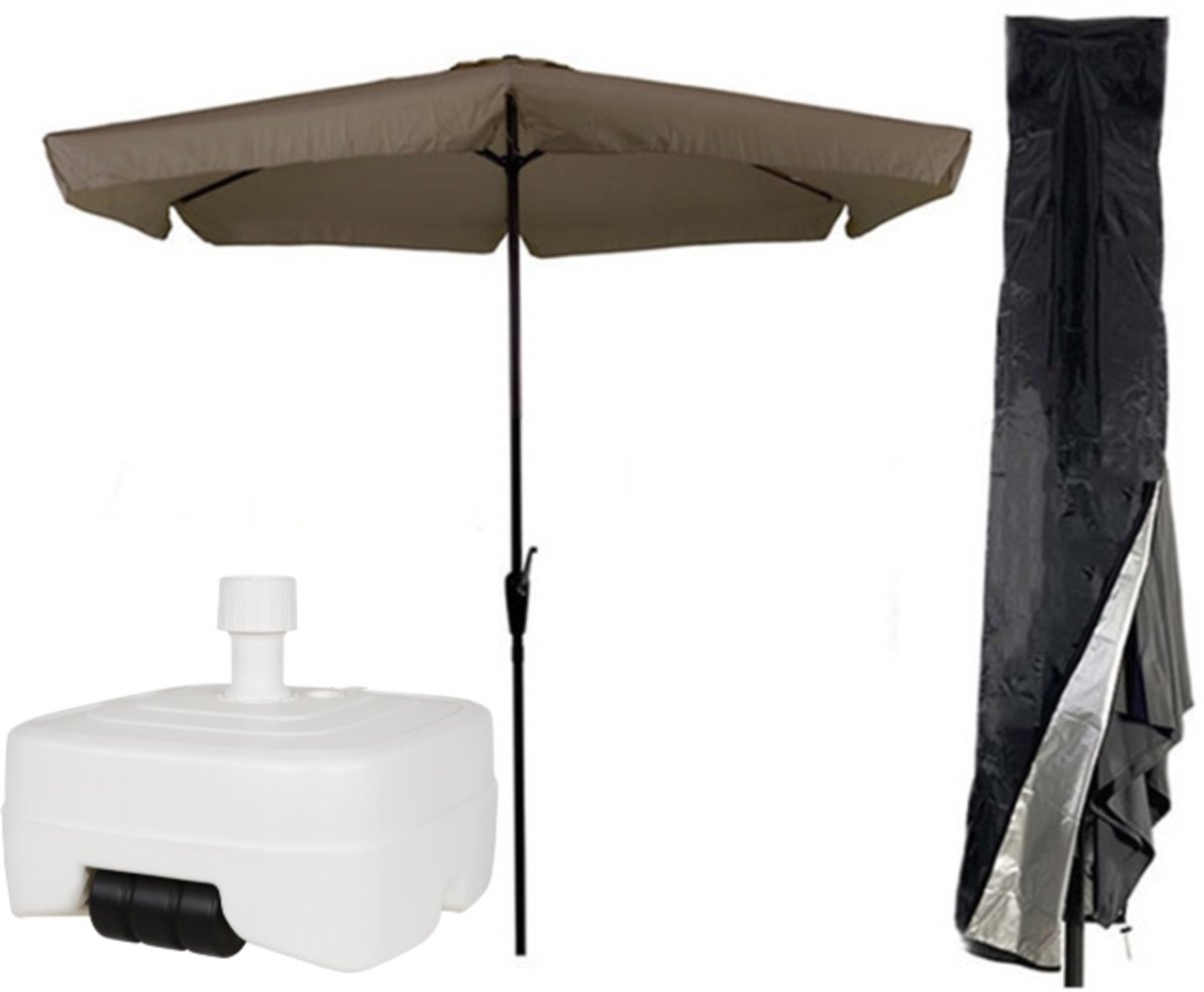 CUHOC Parasol 300 cm Taupe - Inclusief Witte Verrijdbare Vulbare Parasolvoet 40-60 kg + Redlabel Parasolhoes