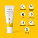 Een tube Medela Purelan Lanolin cream met verschillende iconen en tekst, waaronder 'NATURAL 100%'.