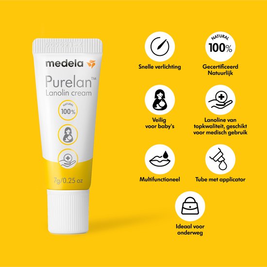 Een tube Medela Purelan Lanolin cream met verschillende iconen en tekst, waaronder 'NATURAL 100%'.