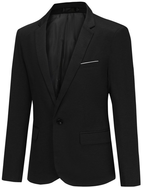 Zwarte herenblazer met één knoop, reverskraag en wit biesje op borstzak.
