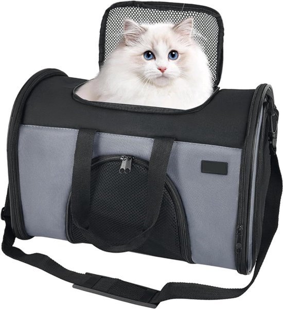 Zavothy Transporttas voor katten en honden, transporttas, ademend en opvouwbaar, transportbox voor katten met verstelbare schouderriem, afneembaar pluche matras (donkerblauw, S