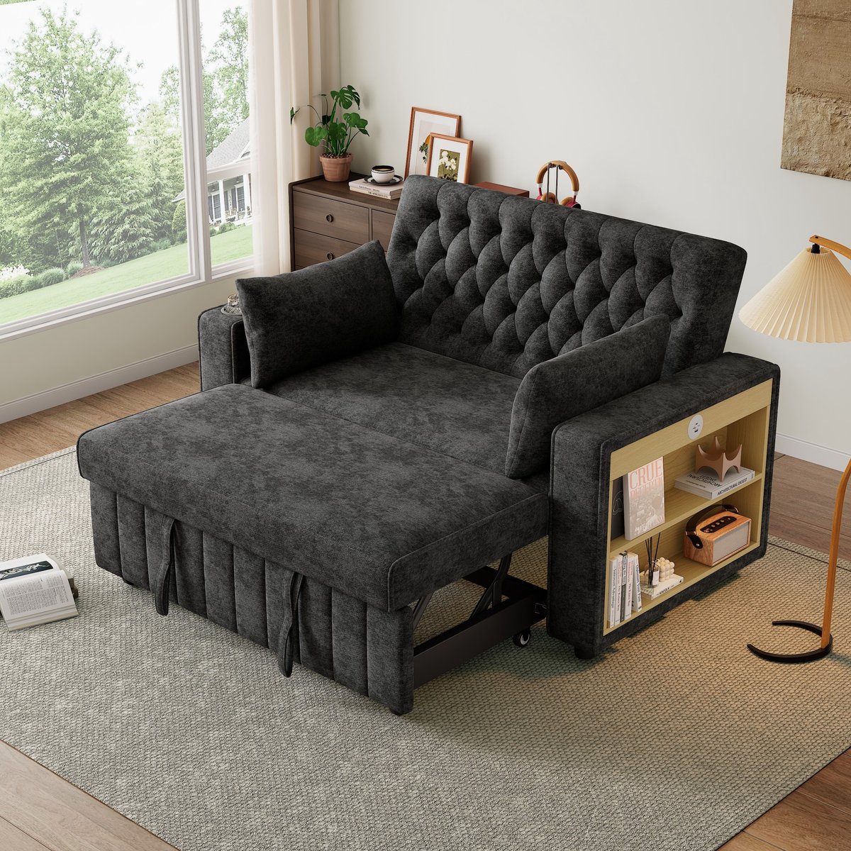 PHOEBE CAT Slaapbank - Uitklapbare bank - Opbergruimte - Bekerhouders - USB-oplaadpunt - Kussens - Grijs