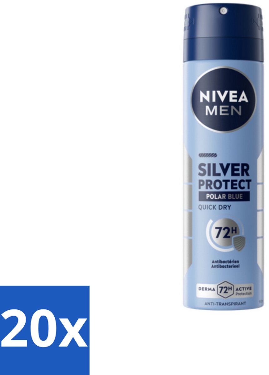 20 x Nivea - Men - Deodorant - Spray - Silver Protect Polar Blue - 150 ml - Deodorant Spray - Zilverionen - 72 Uur Bescherming - Anti-transpirant - Zweetgeur