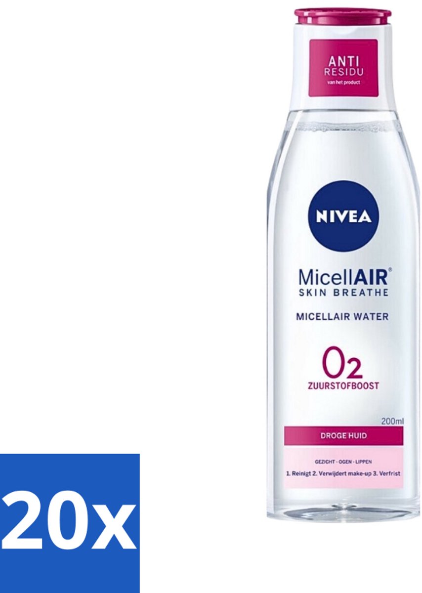 20 x Nivea - O2 Zuurstofboost Micellair Water - Droge Huid - 200 ml - Micellair Water - Droge Huid - Zuurstofboost - Reiniging - Hydratatie