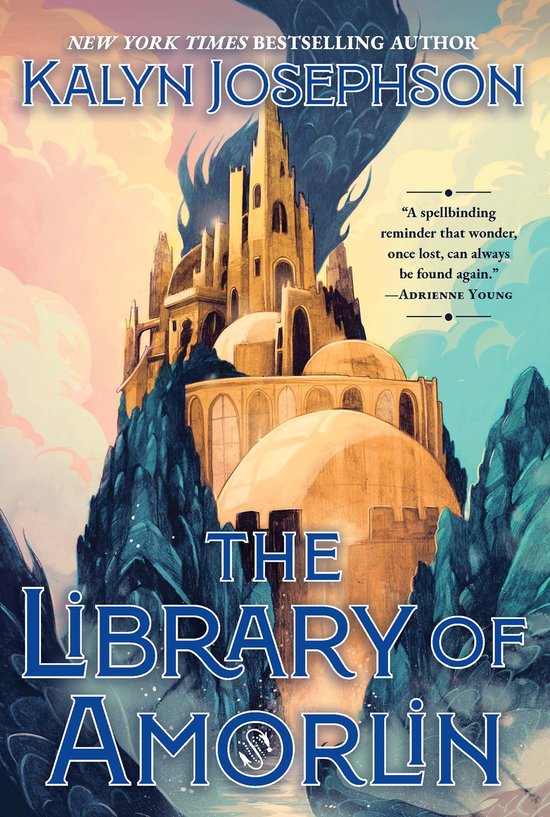 De omslag van 'The Library of Amorlin' door Kalyn Josephson, met een gouden kasteel op een rotsachtige berg, omringd door blauwe tinten en donkere wolken.