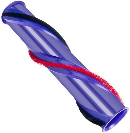 Een blauwe rolborstel met afwisselend rode en zwarte borstelharen, op een witte achtergrond.
