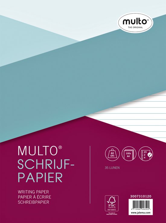 Verpakking met 35 vel A4 gelinieerd schrijf papier van Multo, met FSC-certificaat.