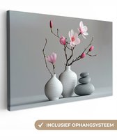 Canvas schilderij 90x60 cm - Wanddecoratie badkamer Magnolia - Bloemen - Roze - Zen stenen - Muurdecoratie WC - Decoratieve accessoires - Toilet muur decoratie - Schilderijen op canvas