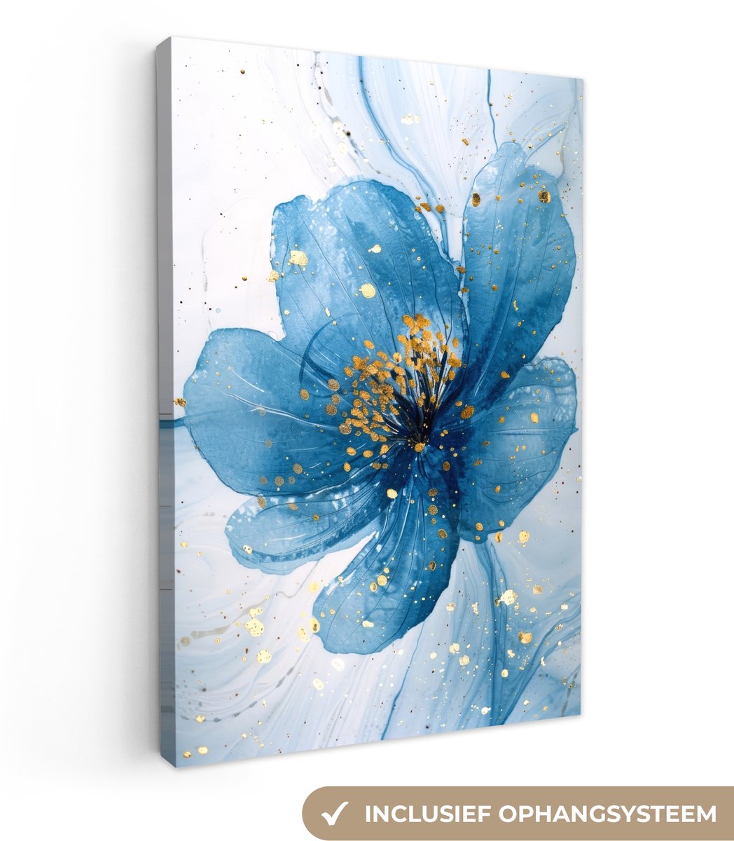 Canvas schilderij 80x120 cm - Wanddecoratie badkamer Bloemen - Blauw - Goud - Watercolor -