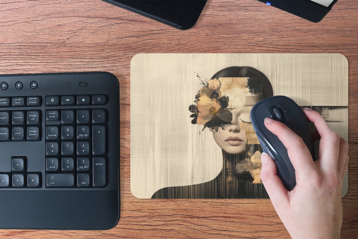 Muismat 27x18 cm - Mousepad Gezicht - Bloemen - Zwart - Vrouw - Muismatten