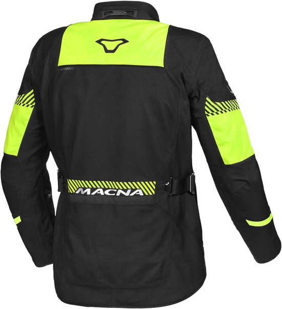 Zwarte motorjas met fluorescerende gele panelen op rug en mouwen. MACNA logo op rug. Riem aan taille.