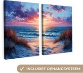 Canvas schilderij set 120x80 cm - Wanddecoratie tweeluik - Strand - Blauw - Verf - Paars - Muurdecoratie woonkamer - Slaapkamer decoratie - Kamer accessoires - Schilderijen op canvas