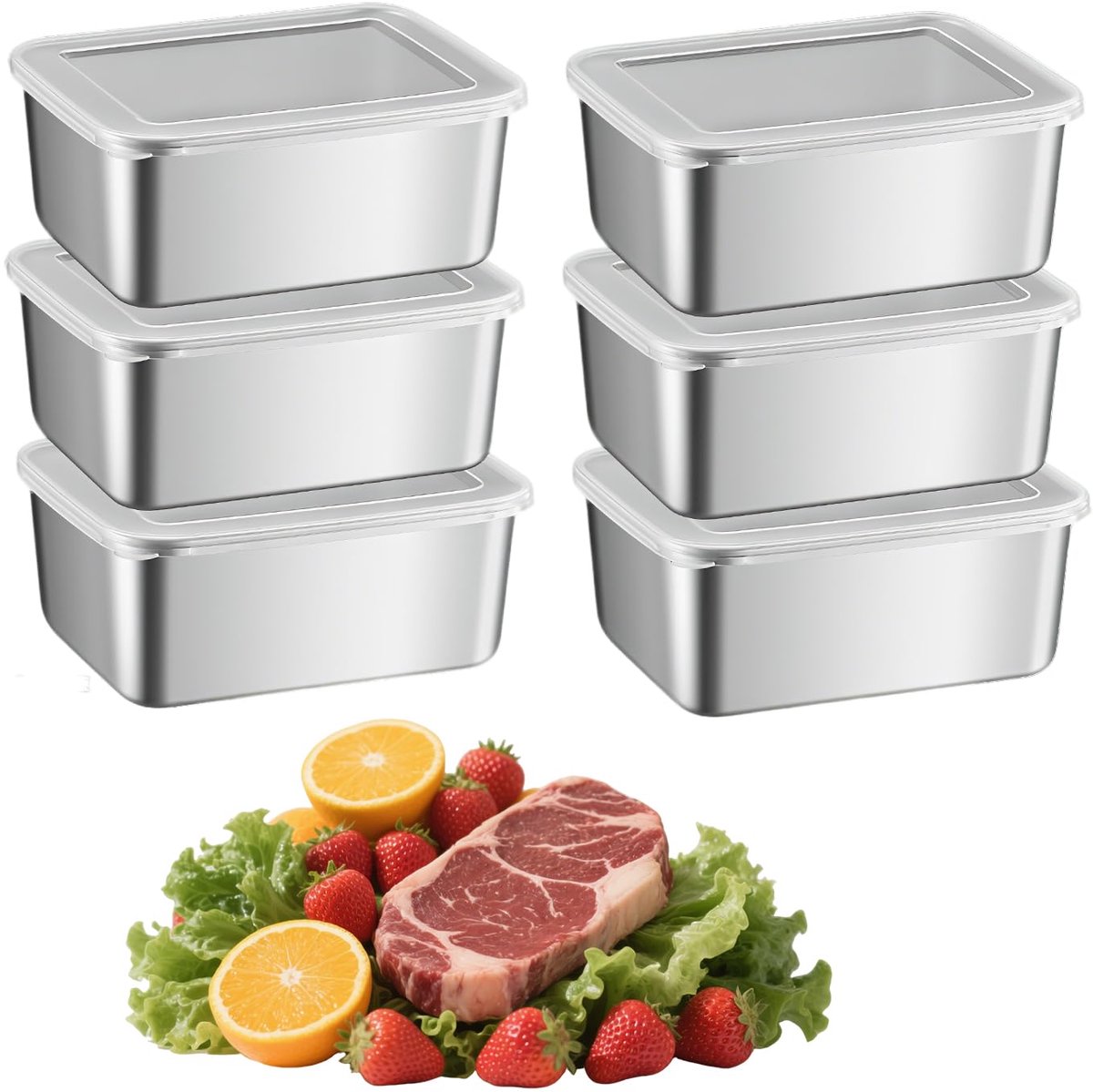 Ibenzoa® Set van 6 herbruikbare roestvrijstalen vershouddozen met transparant deksel