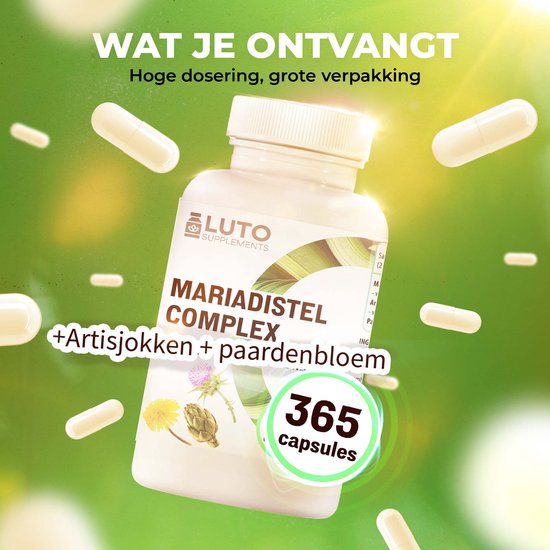 Fles LUTO Mariadistel Complex 365 capsules met artisjok en paardenbloem. Vliegende capsules rondom de fles. Tekst 'Wat je ontvangt'.