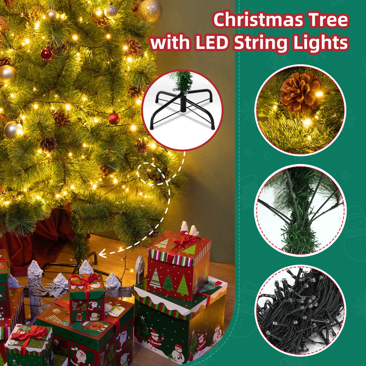 Aigostar 10BZQ - Kunstkerstboom met LED Verlichting - Kerstboom - 180 CM - 300 LED-licht - Kerstboom - Metalen standaard - Groene – foto 5