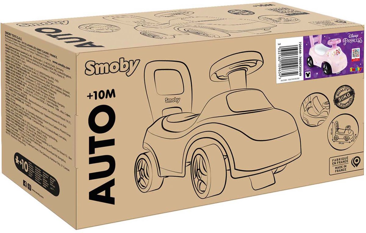 Smoby - 2 in 1 kinderautodrager - Disney Princess - Doos onder het zadel + claxon - Vanaf 10 maanden - Made in France
