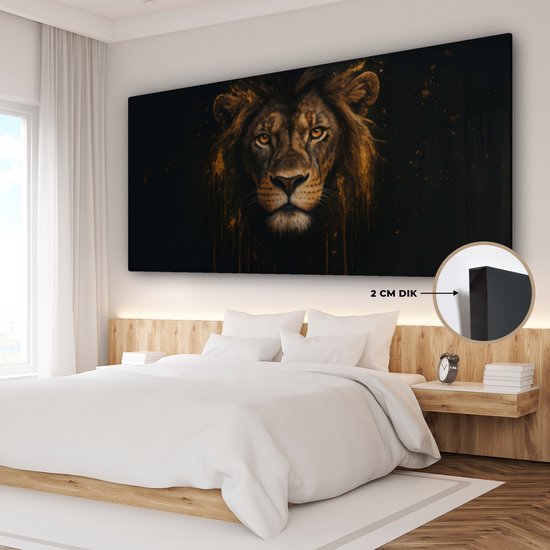 Canvas schilderij 200x100 cm - Exclusieve wanddecoratie Leeuw - Goud - Druppels - Muurdecoratie woonkamer - Slaapkamer decoratie - Kamer accessoires - Schilderijen op canvas