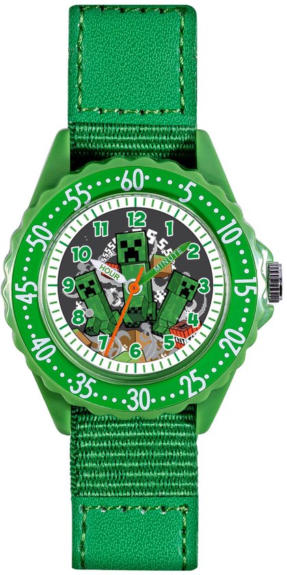 Groen horloge met Minecraft-personages op de wijzerplaat en een groene stoffen band. De wijzerplaat toont getallen 1-12.