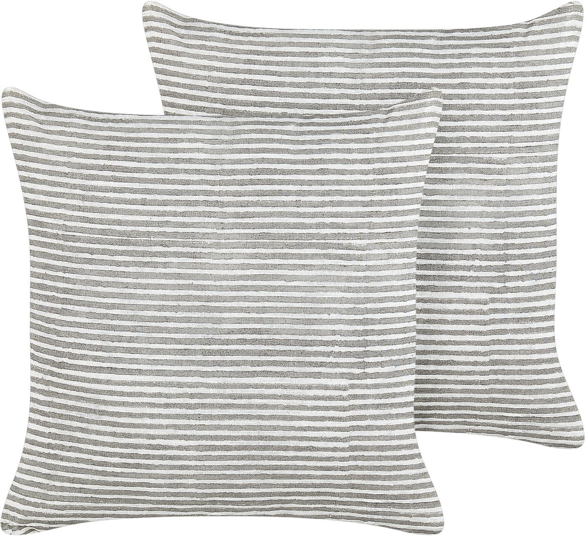 Beliani KANPAS - Sierkussen set van 2 - Grijs/Wit - 50 x 50 cm - Linnen