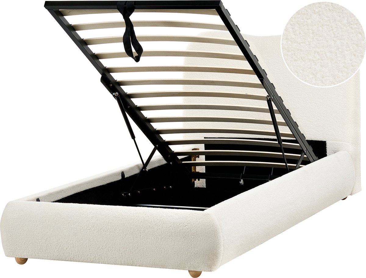Beliani BLAGNAC - Bed met opbergruimte - Gebroken wit - 90 x 200 cm - Bouclé