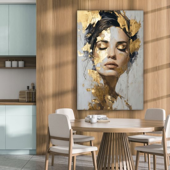 Peinture sur toile 80x120 cm - Décoration murale Gracieuse - Femme - Or - Yeux - Décoration murale salon - Décoration chambre - Accessoires chambre - Peintures sur toile