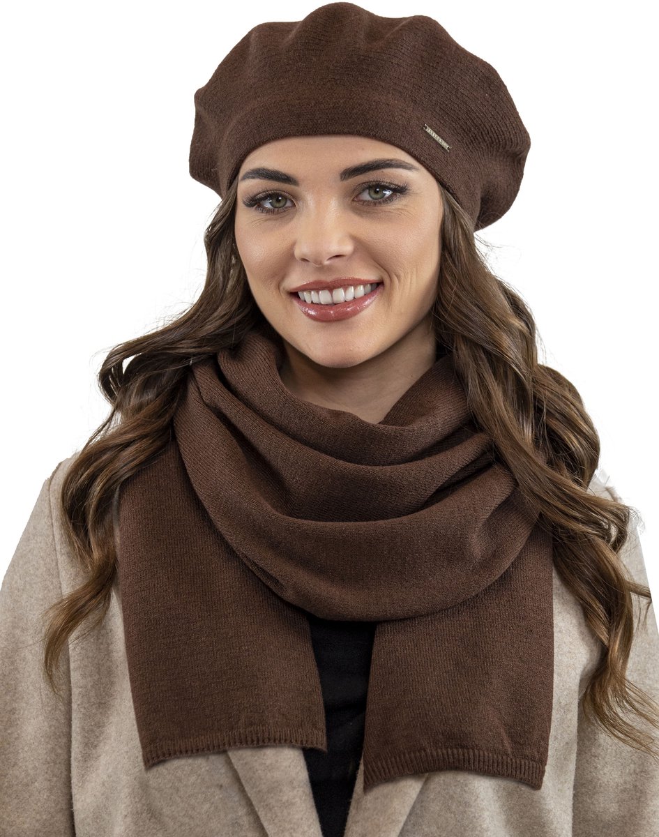 Vivisence Dames Winter Set Baret En Sjaal - Wolmix Met Viscose En Acryl - Zachte Warmte en Tijdloze Elegantie Voor Dagelijks Draagcomfort Klassieke Pasvorm Beret Sluit Aan Lang Sjaal 190 x 40 cm - Bruin