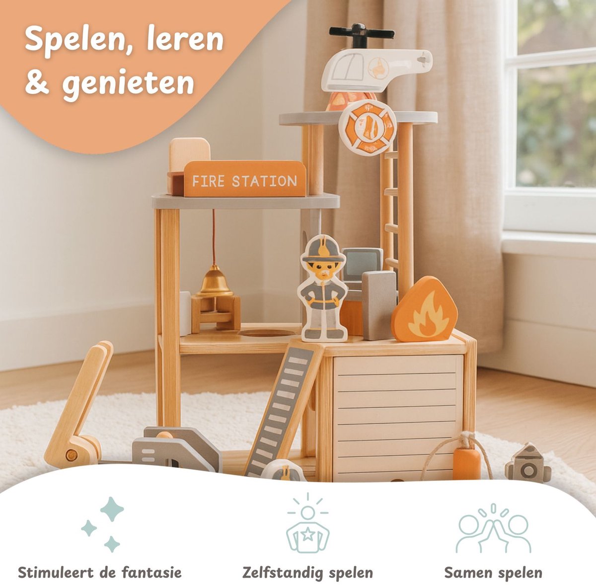 Maxx Kidz Houten Brandweerkazerne - Brandweer Speelgoed - Houten Garage met Brandweerauto en Accessoires - Peuter Speelgoed vanaf 2 jaar — afbeelding 7
